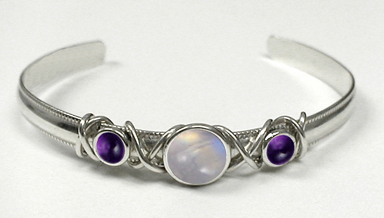 Sterling Silver Hand Made Cuff Bracelet With Rainbow Moonstone And Amethyst